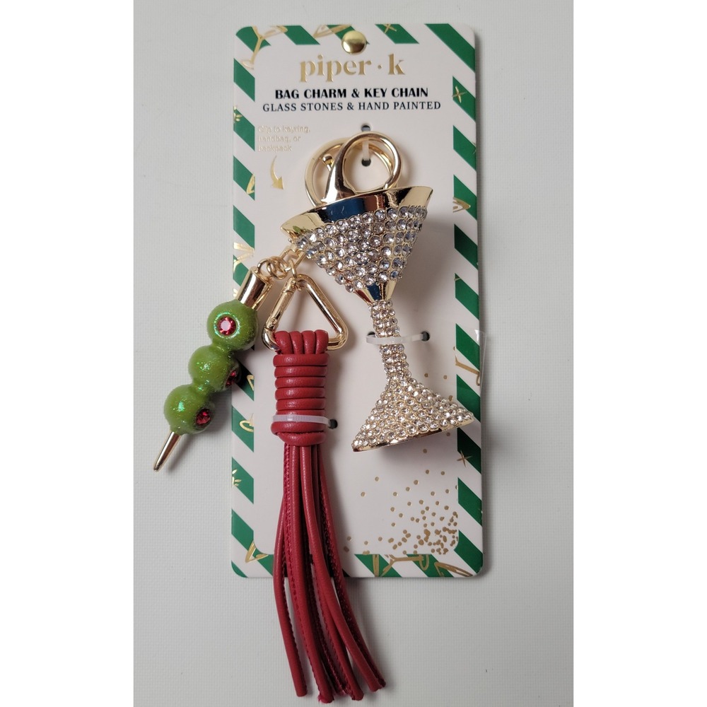 Piper K Martini Glass Bag Charm Key Chain Rhinestone Tassel Olive Gold Tone NWT